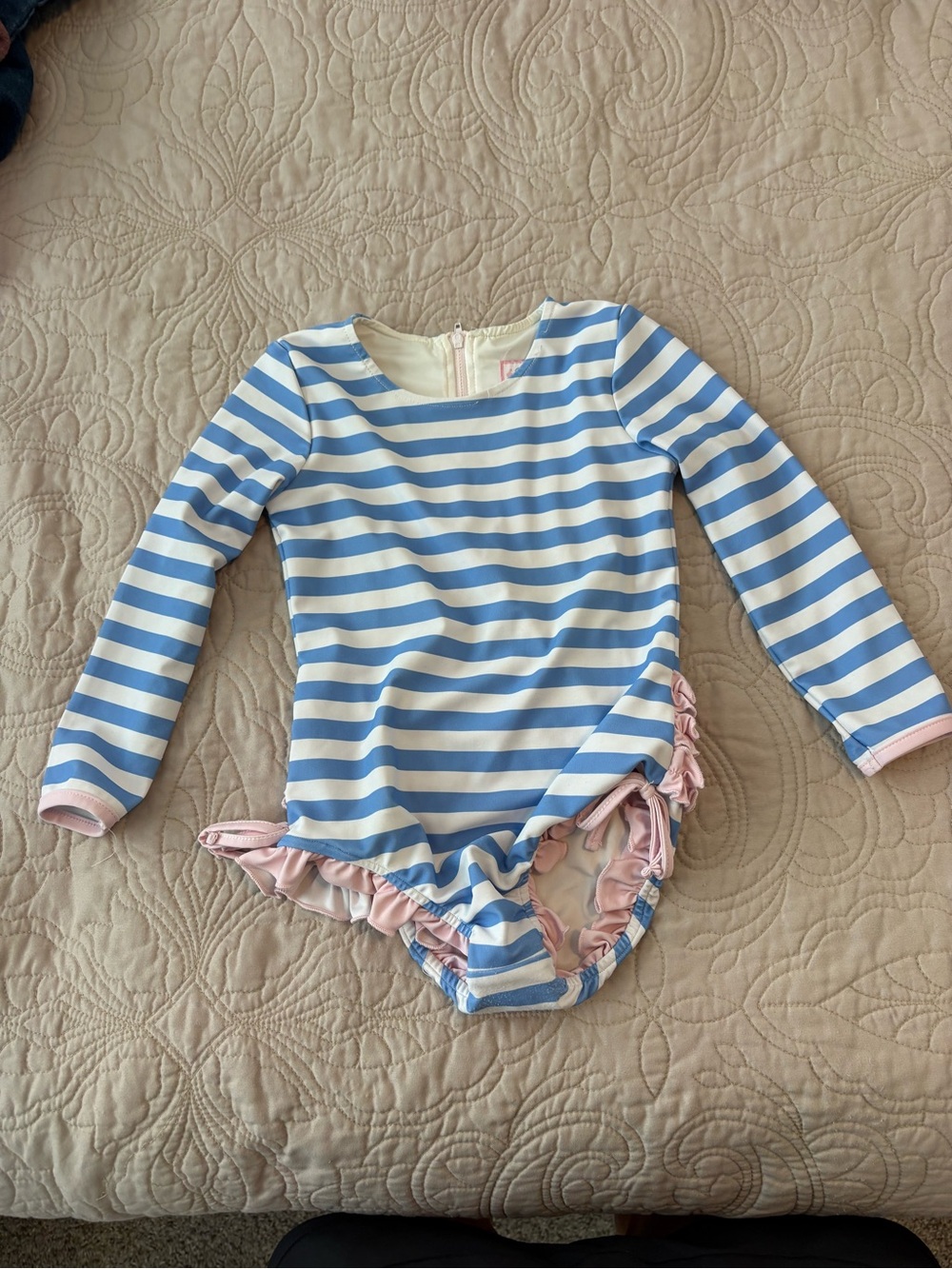 SweetHoney Blue & White Striped Long-Sleeve One-Piece with Pink Ruffle Trim